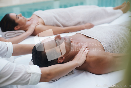 Image of Spa, man and hands with massage for wellness at resort, luxury hotel and vacation for relax and therapeutic pamper. People, masseuse and body care with shoulder treatment, hospitality and zen outdoor