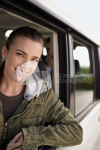 Image of Portrait, woman or car as window on adventure, road trip or getaway for travel and leisure in Brazil. Smile, female person or traveler on driving holiday in motor transport as journey of exploration