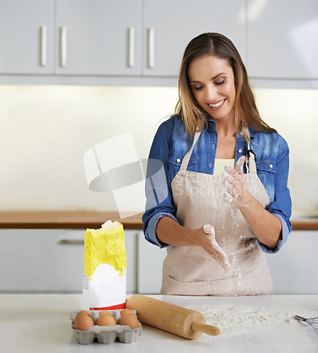 Image of Happy woman, baking and clapping hands with flour, dough or smile with ingredients in kitchen at home. Cooking, wheat and person with dust for pastry, food or eggs of chef with powder for preparation