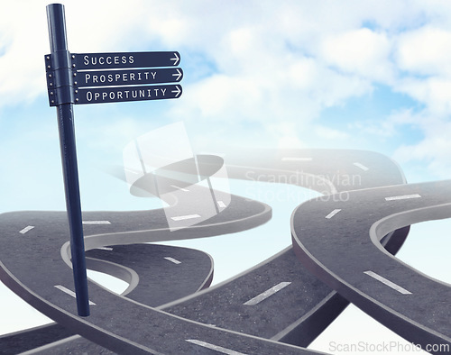 Image of Highway, road and business decision or future opportunity with crosswalk or career, choice or sign. Street, direction and journey or corporate company growth or pathway split, options or intersection