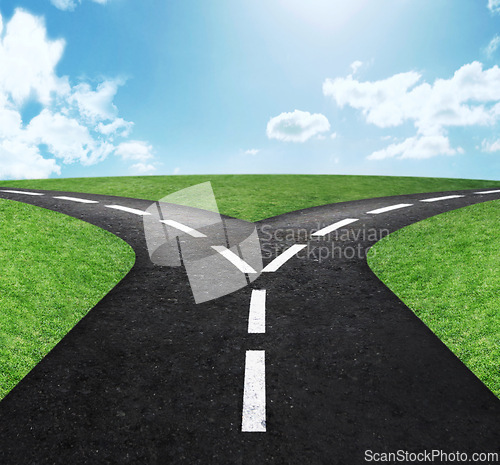 Image of Crossroads, intersection and directions or choice journey or future decision with blue sky, grass or navigation. street, spilt and pathway or adventure options or dilemma or travel, location or guide