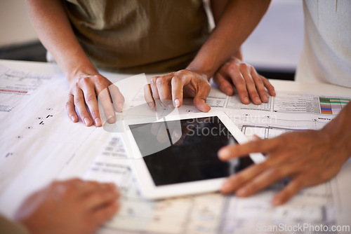 Image of Architect, hands and group with tablet, blueprint and mockup space on desk with teamwork for planning. People, digital touchscreen and documents for sketch with property, expansion and illustration