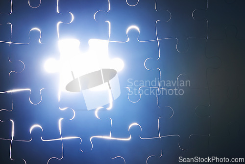Image of Puzzle, abstract and piece missing in problem solving and solution to challenge with strategy or planning. Jigsaw, games or shape of idea to glow in light of dark or search for innovation in business
