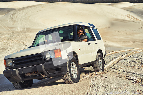 Image of Car, desert and people driving for travel and transportation outdoor, off road vehicle for sand dunes and journey on vacation. Van, 4x4 or SUV with adventure, explore destination and tourism in Dubai