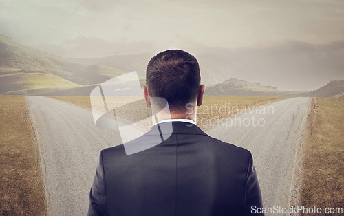 Image of Businessman, crossroads and path in countryside for solution and direction for career prospect on roads. Corporate choice, person and back for professional journey and job opportunities for planning