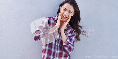 Image of Portrait, surprise and woman with news, gossip and announcement on grey background. Face, person and model with emoji and shocked with wow and omg with wtf and excited with discount deal and reaction