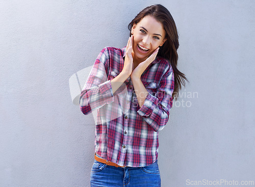 Image of Portrait, surprise and woman with news, wow and announcement on a grey background. Face, person and model with emoji and shocked with gossip and omg with wtf and excited with discount deal and sale