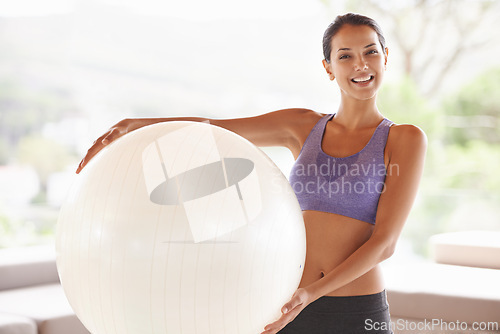 Image of Happy woman, portrait and training with ball for pilates, health and wellness at home. Face of female person or yogi with smile for gym equipment, exercise or workout in sports or wellbeing at house