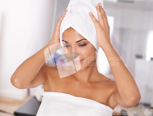 Image of Shower, towel and hygiene with woman in bathroom of home for body care, cleaning or hydration routine. Beauty, skincare and wellness with confident young person in apartment for morning grooming