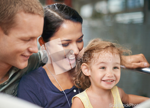 Image of Amusement park, smile and happiness for family in ride, mother and father together with cute toddler. Holiday, woman and man with girl in roller coaster for fun, laughter and joy with child in USA