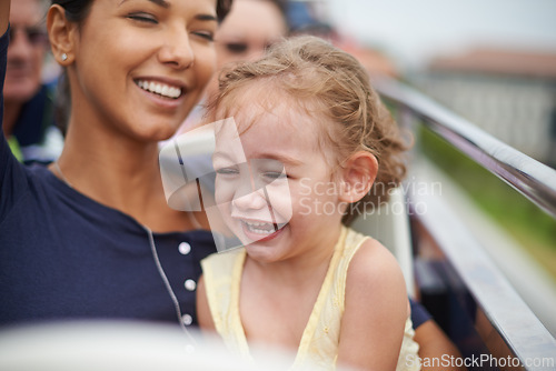 Image of Family, woman and child are happy on bus for travel or journey and bonding together for break and fun on weekend. Mother, daughter or girl on road trip for holiday, smile and laugh for development