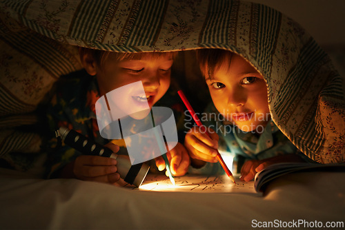 Image of Blanket, flashlight and children at night with happiness in portrait with drawing in a book. Friends, relax and sketch on notebook in dark with light under duvet at sleepover with a pillow tent