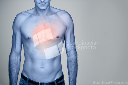 Image of Medical, chest pain and man with heartburn in studio with inflammation, discomfort or injury. Red glow, shirtless and person with healthcare emergency, ache or strain by gray background with mockup.