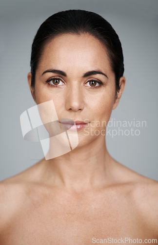 Image of Model, studio and portrait with proud, skin and care for treatment and beauty. Woman, cosmetics and natural with lip gloss, glow and aesthetic for antiaging confidence isolated on white background