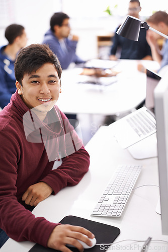 Image of Computer, programmer and portrait of man with smile, software and update of information technology. Coder, employee and male person typing on keyboard for test of creativity in application of office