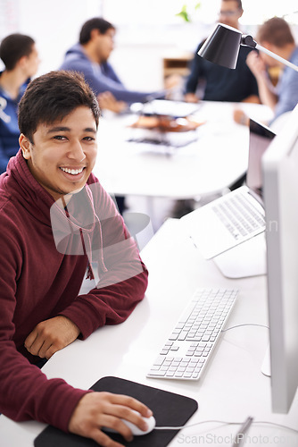 Image of Computer, programmer and portrait of happy man, software and update of information technology. Coder, employee and male person typing on keyboard for test of cybersecurity in application of office