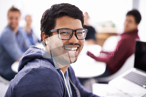 Image of Closeup, student and man in study group with smile for exam preparation on campus, teamwork and collaboration. Laptop, people and happy or satisfied in class with notes for revision and test