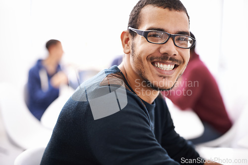 Image of College, student and man in study group with smile for exam preparation, teamwork and collaboration. Close up, male person and people in happiness or satisfied in class with notes, revision and test