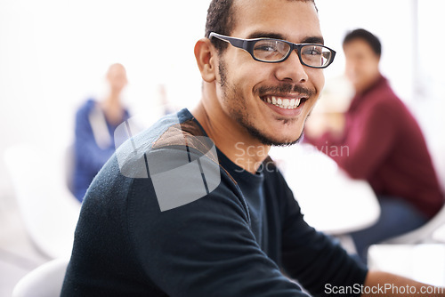 Image of University, students and man in study group with happiness for exam preparation, teamwork and collaboration. Closeup, male person and smile or satisfied in class with notes for revision and test