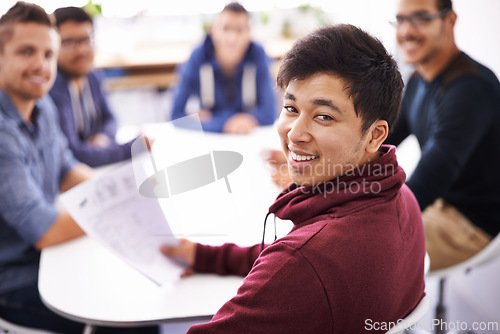 Image of Students, men and study group with smile for exams preparation or presentation with teamwork and collaboration. Male person, people and happy or satisfied in class with notes for revision and test