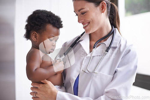 Image of Hospital, pediatrician and woman with baby, boy and checkup with wellness and doctor with kid. Medical, professional and employee with healthcare and infant with appointment and medicare with tools
