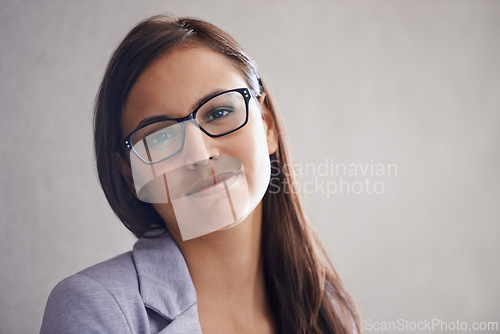 Image of Professional, woman and portrait of financial advisor in office with advice for business and development. Corporate, person and consultant with confidence, pride or working in finance on mockup space