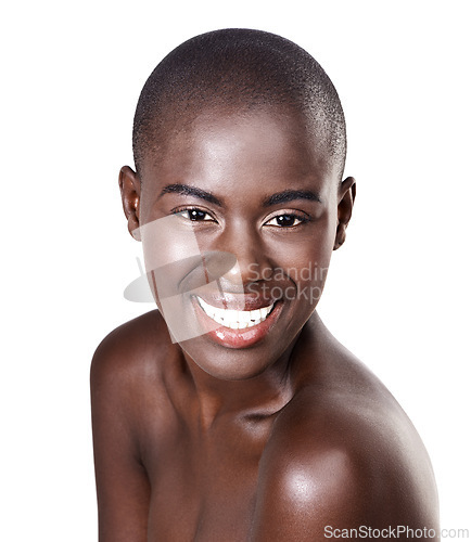 Image of Portrait of black woman, studio or smile with beauty, cosmetics or healthy skin isolated with glow. Wellness, bald head or happy African girl model with shine or skincare results on white background