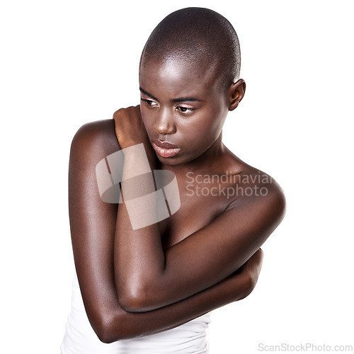 Image of Black woman, natural body or thinking of beauty, facial cosmetics or healthy skin isolated in studio. Dermatology, ideas or African girl model with glow, shine or skincare results on white background