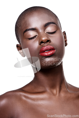 Image of African, beauty and makeup on face in studio on white background with glow on skin from dermatology. Calm, model and lipstick from cosmetics and black woman with healthy skincare in mockup space