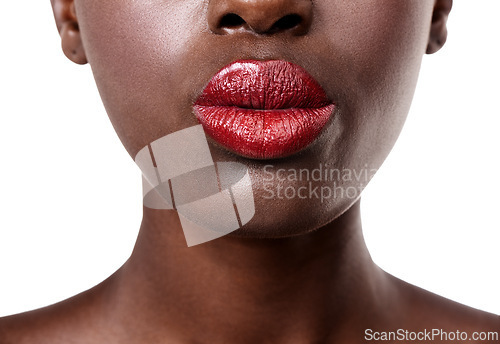 Image of Mouth of woman, red and lipstick with beauty, cosmetics and healthy skin for shine isolated in studio. Face, aesthetic or girl model with lip gloss, closeup or skincare results on white background