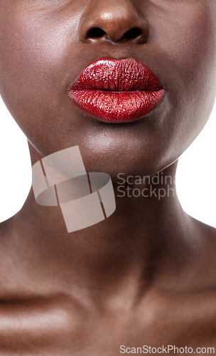 Image of Mouth of model, red and lipstick with beauty, cosmetics and healthy skin for shine isolated in studio. Face closeup, aesthetic or woman with pout, color or skincare glow results on white background