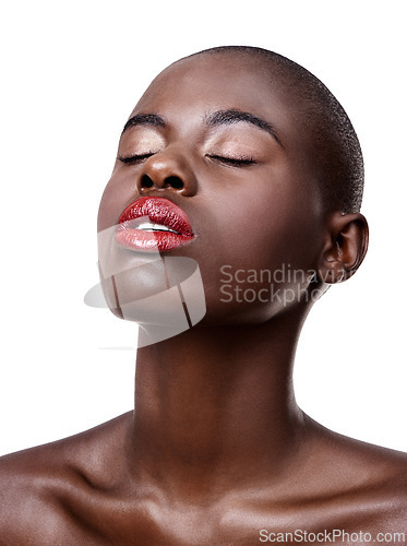 Image of African, face and beauty from makeup in studio on white background with glow on skin from dermatology. Calm, model and lipstick from cosmetics and black woman with healthy skincare in mockup