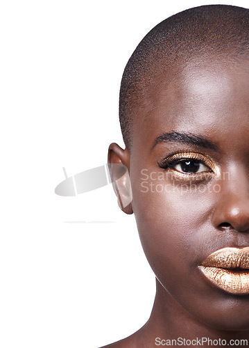 Image of Portrait, half and black woman with lipstick, makeup and dermatology on a white studio background. African person, face and model with wellness and beauty with aesthetic, skincare or shine with glow