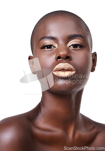 Image of Portrait of black woman, beauty or makeup with lipstick, cosmetics or healthy skin in studio. Gold color, face or serious African girl model with glow or skincare results on white background