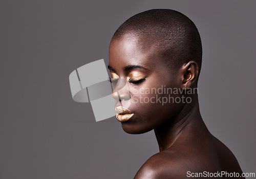 Image of Woman, beauty and portrait for skincare, nails and makeup for face and polish for cosmetic. Black person, model and bald with gloss and lipstick for shine and glow with shimmer in studio on mockup