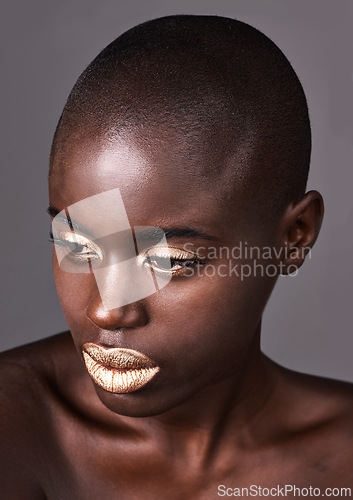 Image of Thinking, makeup and black woman with lipstick, shine and dermatology on grey studio background. African person, girl and model with beauty, glow or creative with grooming and artistic with aesthetic