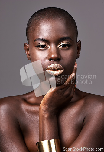 Image of Jewelry, portrait and face of black woman for makeup, beauty or cosmetics isolated on gray background. Person, African lady and eyeshadow with lipstick in studio for skin care, cleansing or treatment