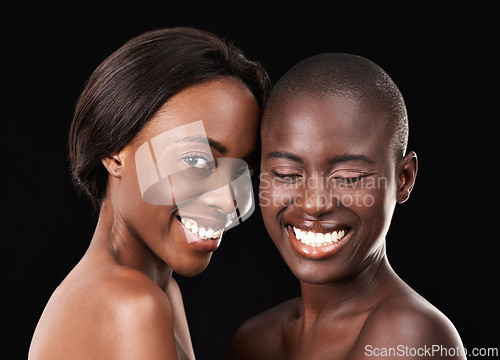 Image of Studio, skin care and beauty of African women, cosmetics and satisfaction on black background. Sisterhood, friends and together for dermatology or facial treatment, happy and proud of wellness glow