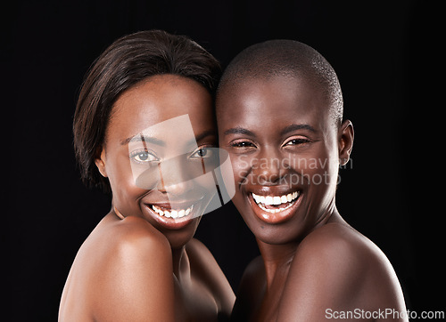 Image of Studio, skin care and portrait of friends, cosmetics and satisfaction on black background. Sisterhood, African women and together for dermatology or facial treatment, happy and proud of wellness glow