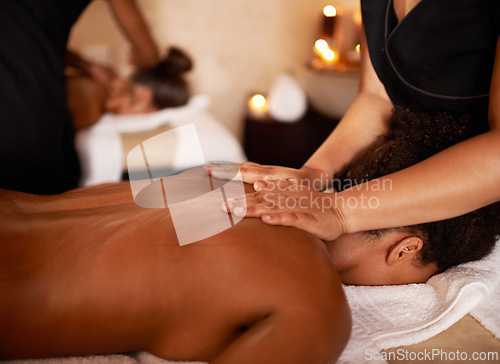 Image of Masseuse, hands and woman on bed with peace, stress relief and luxury wellness at hotel. Physical therapy, relax and zen female client with back massage for vacation, holiday and calm body care