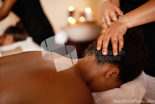 Image of Woman, masseuse and head massage on bed with hospitality, peace and luxury stress relief at hotel. Relax, wellness and zen female client at hotel spa for vacation, holiday and calm body care