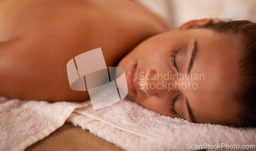 Image of Wellness, calm and woman in spa for peace or vitality with wellbeing, luxury and pamper for body care or treatment. Female person, resort and carefree after massage therapy for stress relief to relax