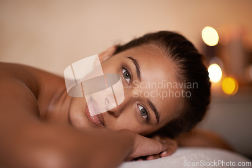 Image of Portrait, peace and woman in spa for wellness or vitality for wellbeing, luxury and pamper for body care or treatment. Female person, relax and calm or carefree for stress relief and massage therapy.