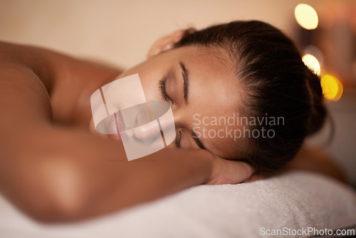 Image of Calm, peace and woman in spa to relax for vitality or wellbeing, luxury and pamper for body care or treatment. Female person, resort and carefree for stress relief, zen wellness and massage therapy.