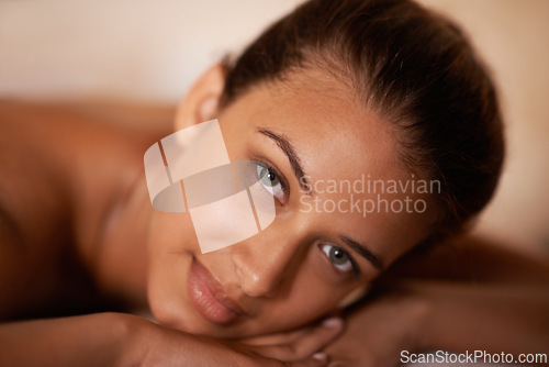 Image of Portrait, peace and woman in spa to relax for vitality or wellbeing, luxury and pamper for body care or treatment. Female person, rest and calm or carefree for stress relief, zen wellness and therapy