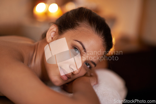 Image of Portrait, wellness and woman in spa to relax for vitality or wellbeing, luxury and pamper for body care or treatment. Female person, resort and calm or carefree for stress relief, peace and therapy.