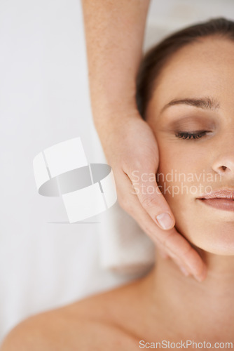 Image of Woman, hand and massage treatment for face wellness at holiday resort for spa vacation, relaxing or skincare. Female person, masseuse and fingers in Hawaii for dermatology cosmetics, beauty or above