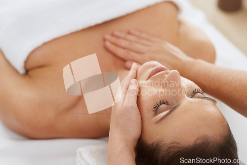 Image of Woman, hand and massage for spa treatment or facial wellness at holiday resort or vacation, relaxing or skincare. Female person, masseuse and fingers in Hawaii or dermatology, cosmetics or beauty