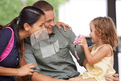 Image of Camera, photography and happy family on a sofa with toy, love and bonding in their home together. Picture, photoshoot and girl child with parents in a living room for memory, moment or photo fun