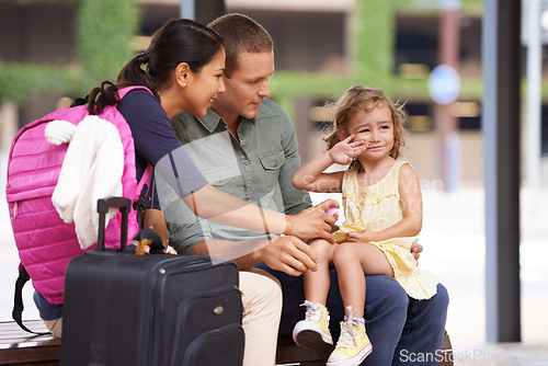 Image of Suitcase, travel and family in city street for bus stop, road trip or bonding with crying daughter. Love, journey or sad kid upset with parents outdoor for adventure, vacation or waiting for taxi